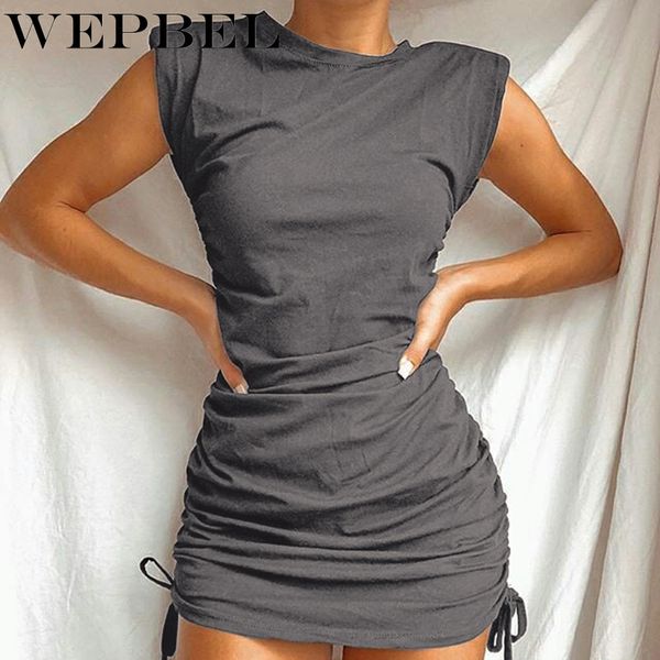 

women skinny bodycon dress casual elegant sleeveless o neck ruched drawstring slim fit mini dress q1210, Black;gray