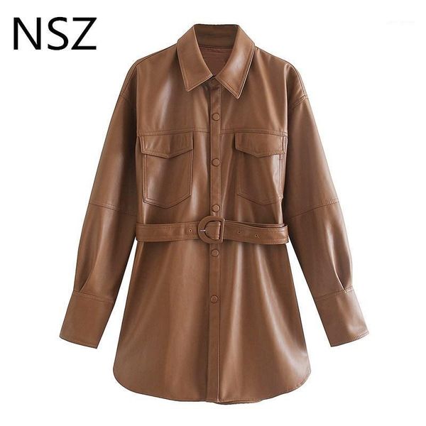 

nsz women brown oversized pu faux leather coat elegant with belt artificial jacket overshirt coat outerwear streetwear fall1, Black