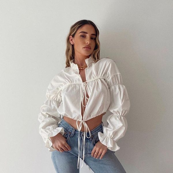 

nclagen lace up hollow out stand collar ruched crop shirt women puff sleeve autumn streetwear blouse streetwear shirts, White
