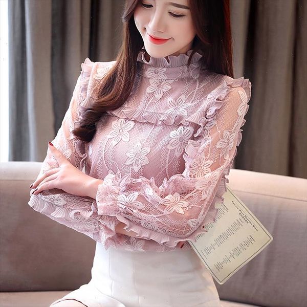

women clothing floral hollow out spring lace shirt see through basic female elegant long sleeve lace blouses shirts 50g5, White