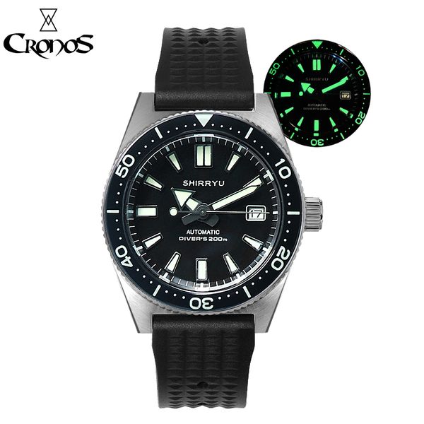 

cronos shirryu mechanical automatic nh35 men's diver watch stainless steel rotate bezel waffle rubber strap sapphire glass q1129, Slivery;brown