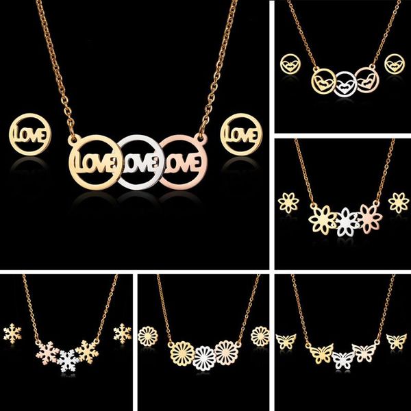 

rinhoo stainless steel sets multicolor love butterfly flower snowflake hollow necklace earrings for women new charm jewelry sets, Silver