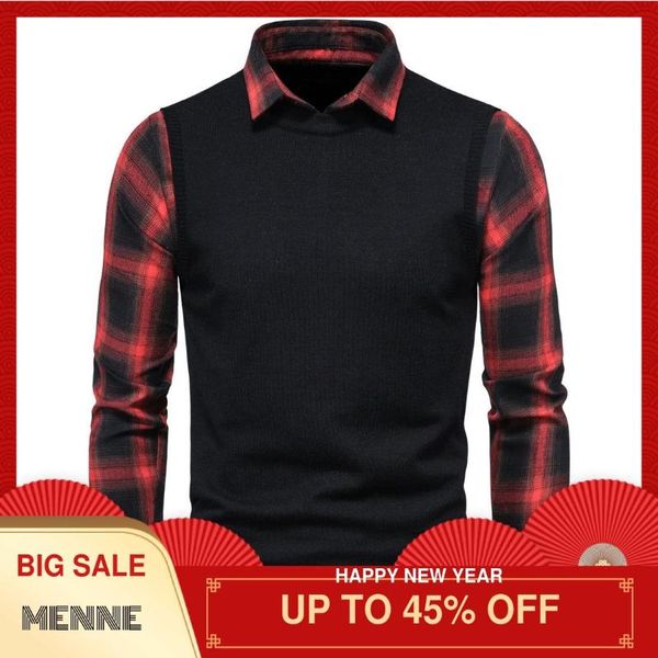 

landisto men clothing knitted men sweater warm european style mens sweater fake two-piece, White;black