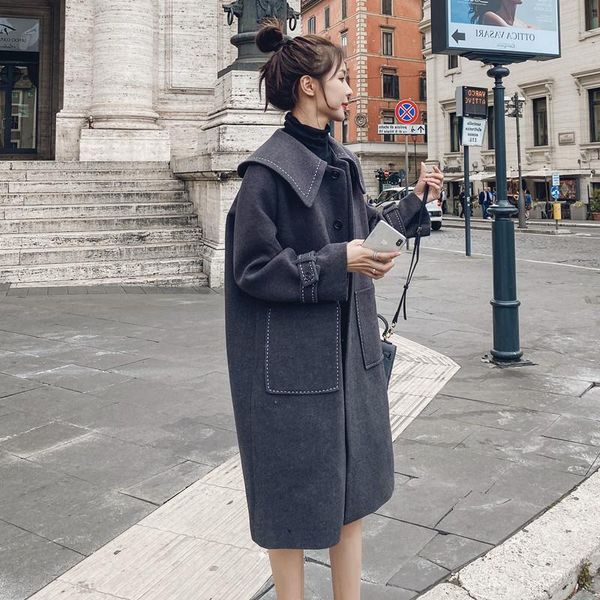 

korean style loose woolen coat women's mid-length and small college style casual all-match woolen coat winter thickening, Black