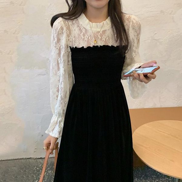 

casual dresses autumn winter black hollow out lace party dress women elegant round neck flare long sleeve velvet vestidos female fashion, Black;gray
