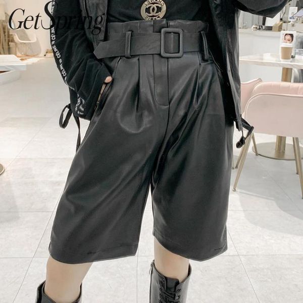 

getspring women pant high waist straight pants all match high waist vintage black pu leather pants knee length 2019 new fashion1, Black;white