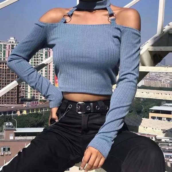 

spring style 2020 one new line collar hanging neck open back solid short long sleeve t-shirt, Black;gray