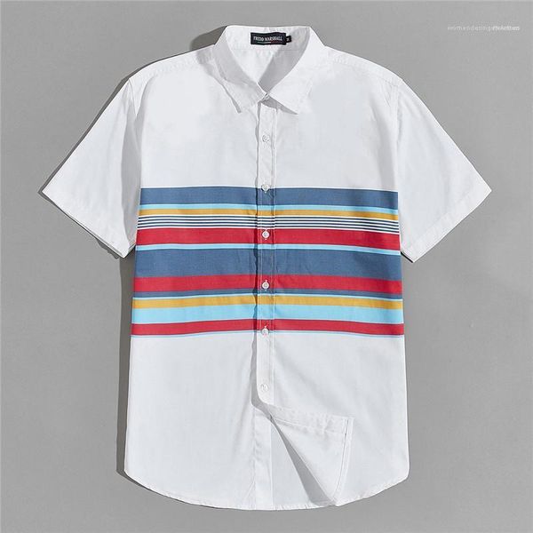 

single breasted fashion loose mens clothes summer mens designer casual shirts contrast color striped printed, White;black