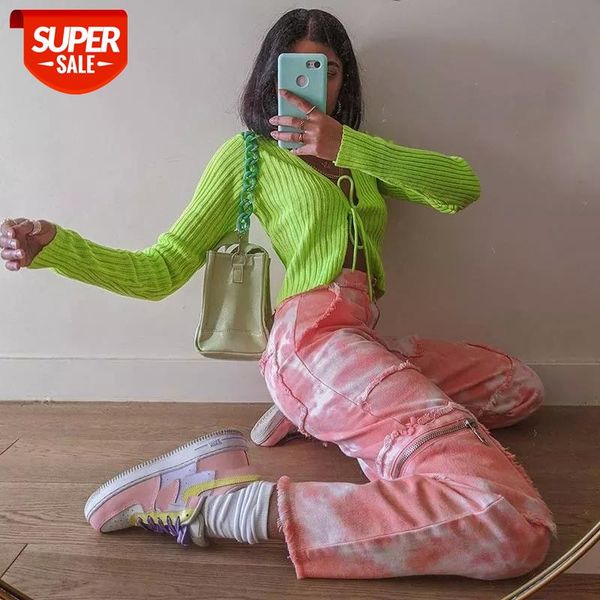 

y2k fashion tie dye high waist zipper front straight jeans hip hop distressed with pockets denim pants 90s streetwear #rm6o, Black;white