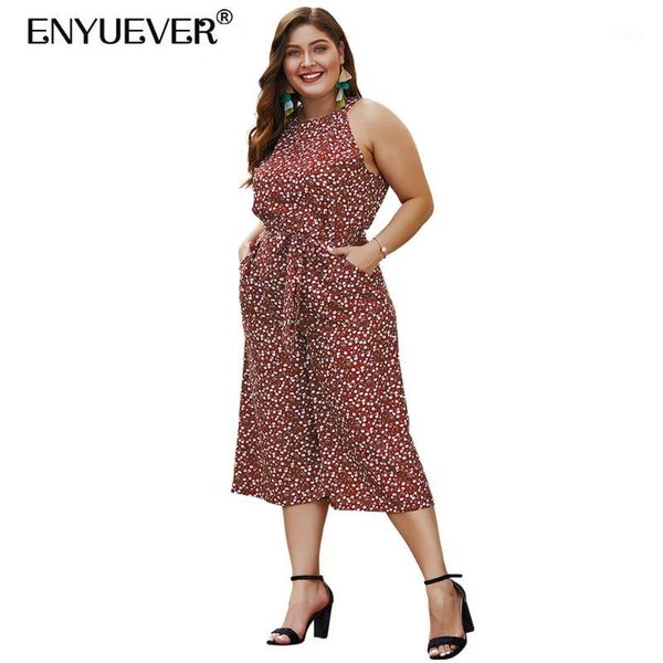 

enyuever plus size jumpsuits summer women clothes pocket wide leg pant sleeveless one piece floral print casual jumpsuit rompers1, Black;white