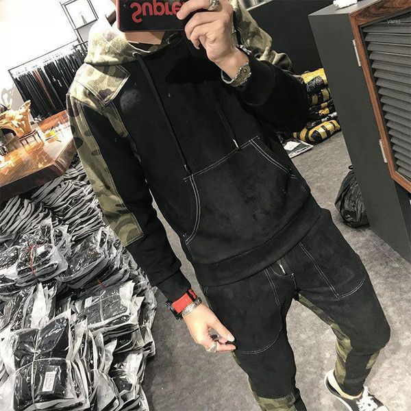 

hooded hoodie suit men's autumn new slim camouflage stitching sports korean version fashion casual two-piece men's clothing1, Gray