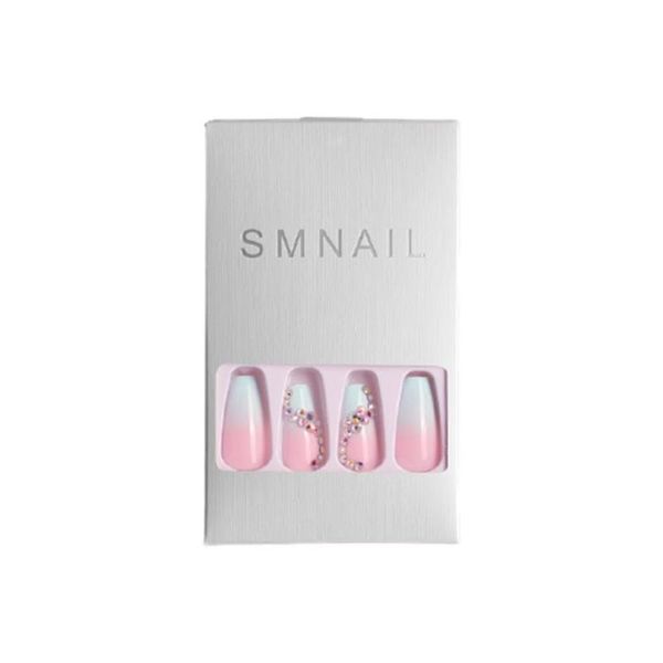 

pink blue gradient nail art patch wearable fake nail clip color diamond luxury fake case shiny rhinestone patch, Red;gold