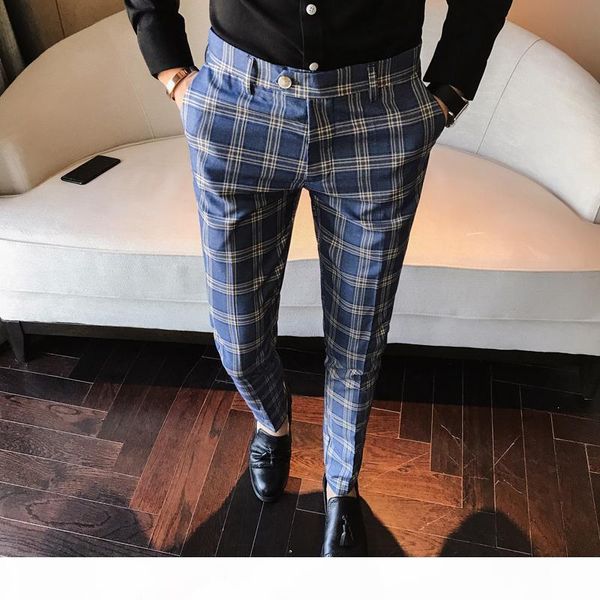 

mens fashion 2019 men dress pant plaid business casual slim fit homme classic vintage check suit trousers wedding pants, Black