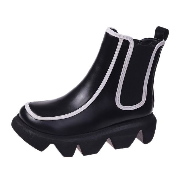 

wave sole platform ankle boots bordered leather round toe elastic band designer boots celebrity winter shoes women, Black