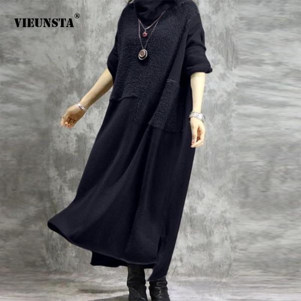 

vintage turtleneck long sleeve irregular party dress autumn winter new casual loose maxi dresses womens woolen patchwork dresses1, Black;gray