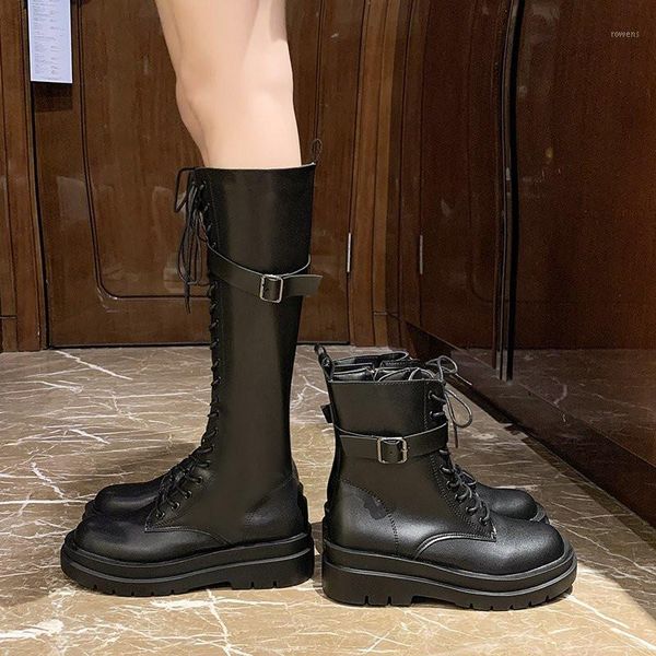 

2020 autumn women knight boots fashion black leather platform gothic boots punk combat mid-calf for women size 35-40