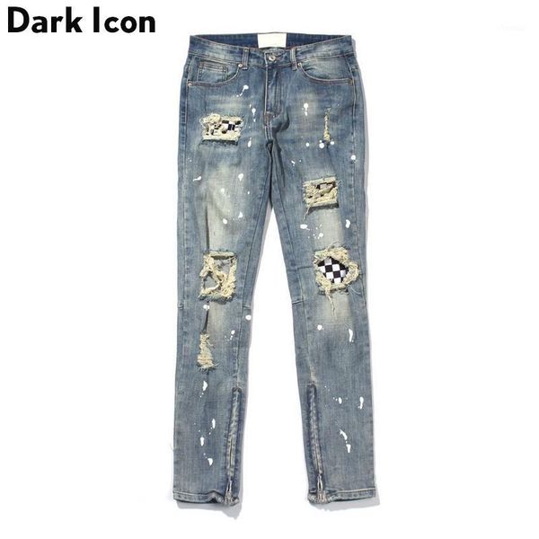 

dark ripped plaid patch jeans men high street ankle zipper men's jeans regular style destroyed denim pants men1, Blue