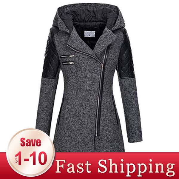 

women winter hooded coat autumn zipper slim outerwear spring fashion patchwork black female warm windproof overcoats c1115