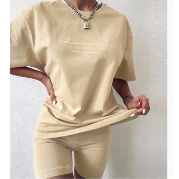 

women's tracksuits 2021 summer basic women two pieces sets homewear oversize loose short sleeve and biker shorts set streetwear khaki s, Gray