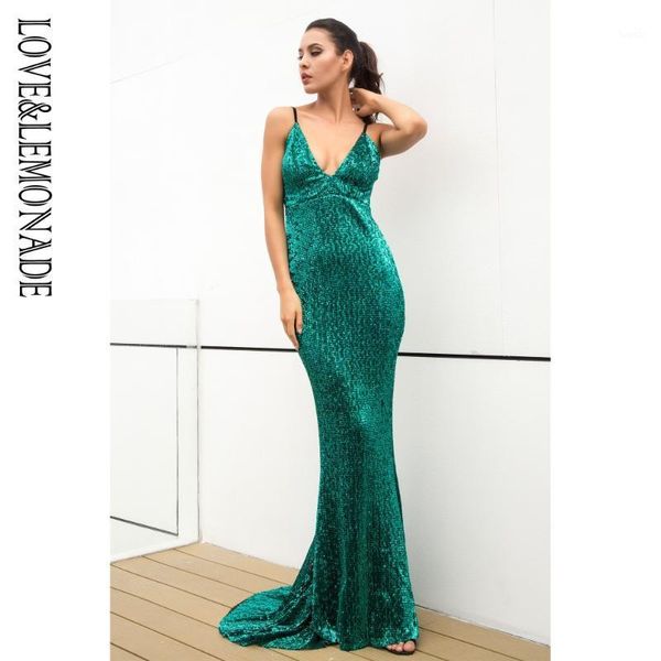 

love & lemonade green elastic sequin v collar exposed back long dress lm801191, Black;gray