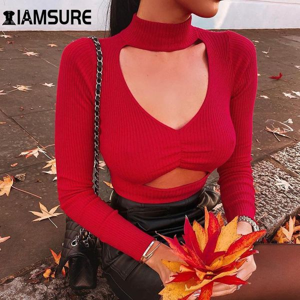 

iamsure vintage skinny slim solid long sleeve sweater 2021 fashion women deep v neck bustier crop party night club wear, White;black
