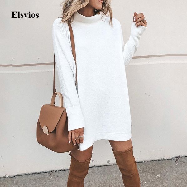 

elsvios autumn elegant o-neck pullover dress women casual solid mini dress winter long sleeve turtleneck dresses vestidos mujer y200103, White;black