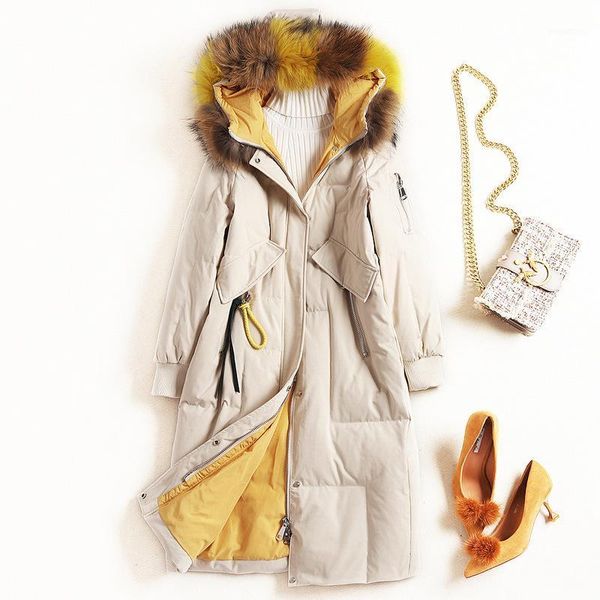 

eureka] white duck down down jacket for women in 2020 winter hooded raccoon dog fur long thick coat mfy79181, Black