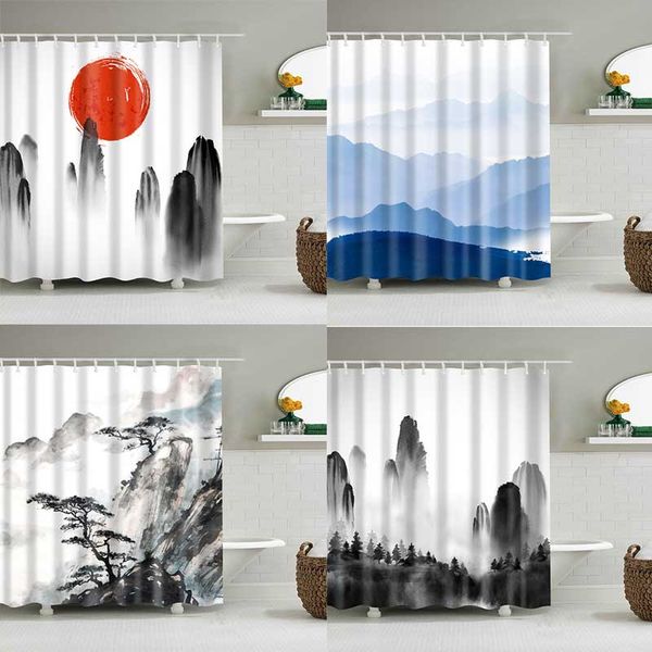

горы 3d душ занавес зеленый занавес ванны длинные водонепроницаемый полиэстер blackout для ванной занавес 180x200cm