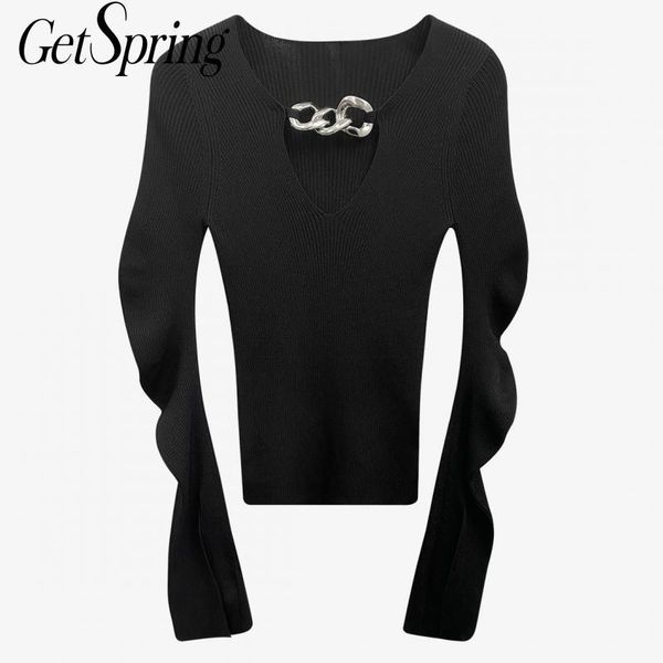 

getspring women sweater patchwork v-neck flare sleeve women sweaters pullovers black white vintage knit sweater 2020 new, White;black