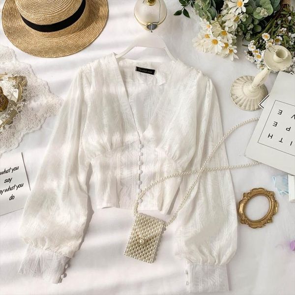 

fashion autumn woman blouses solid color casual lace button lapel girl long sleeve shirt puff sleeve blouse female clothing, White