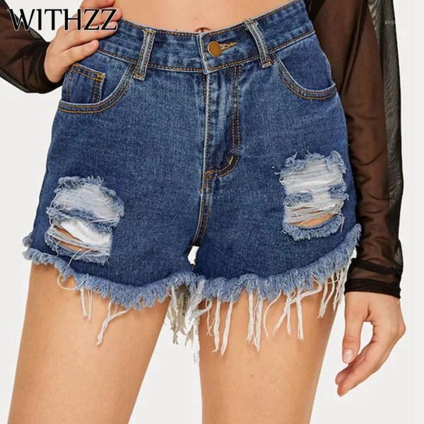 

withzz summer women's ripped hole jeans tassel denim shorts1, Blue