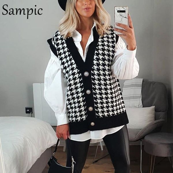 

sampic fashion winter black v neck houndstooth sweater cardigans women plaid sleeveless off shoulder jumper autumn 2021, White