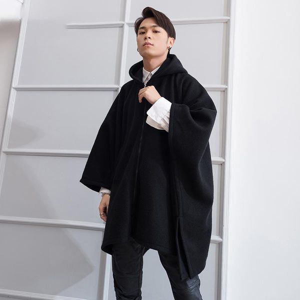 

m-4xl new youth autumn and winter tide men's coat loose personality cloak cape long coat woolen thick woolen1, Black