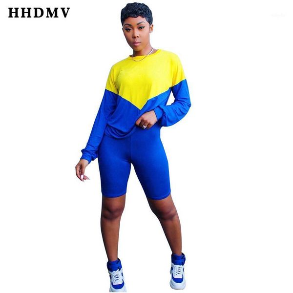 

hhdmv 2020 new women casaul street style sets long sleeve round neck stitching color elastic short pants two piece sets1, White