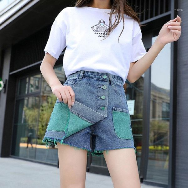 

2020 cotton high waist fashion hakama denim shorts women loose a-line wide-leg fake two-piece skirt teenagers pants women1, Blue