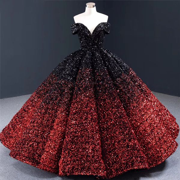 

real ps arabic bling sequins formal evening dresses off shoulder back lace up plus size ball prom party wear sparkly quinceanera gowns, Black;red