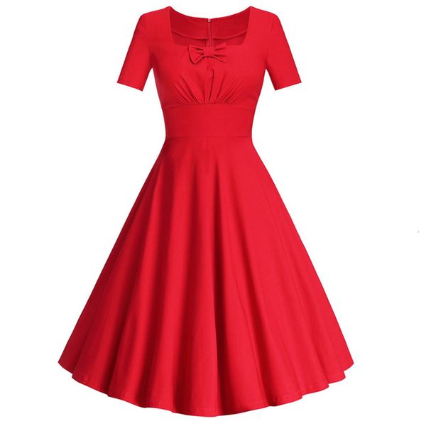 

50's square neck short sleeve hepburn bow ruffled dress, Black;gray