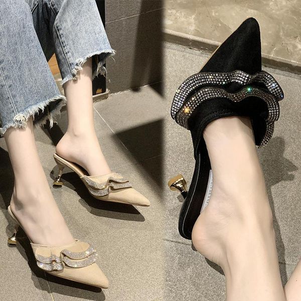 

pointed toe shoes womens slippers outdoor slides pantofle med fashion heeled mules thin heels flock 2020 luxury high pumps, Black