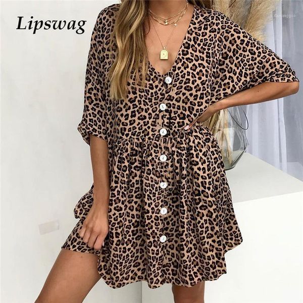 

leopard floral printed summer dresses women v-neck buttons party dress casual short sleeve pockets sundress1, Black;gray