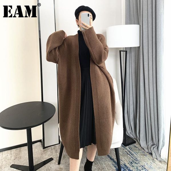 

eam] big size long knitting cardigan sweater loose fit v-neck long sleeve women new fashion tide autumn winter 2021 1da706, White