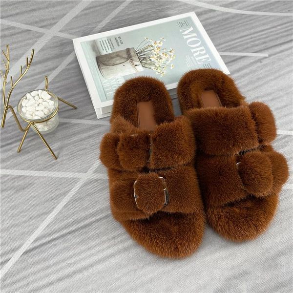 

brand ladies slippers fur real mink casual flat shoes home girl outdoor size, Black
