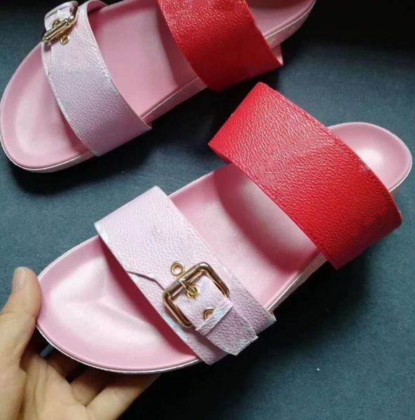 

women leather slippers letter flower printed slide sandal lady buckle canvas strap summer flat rubber outsole slipper, Black