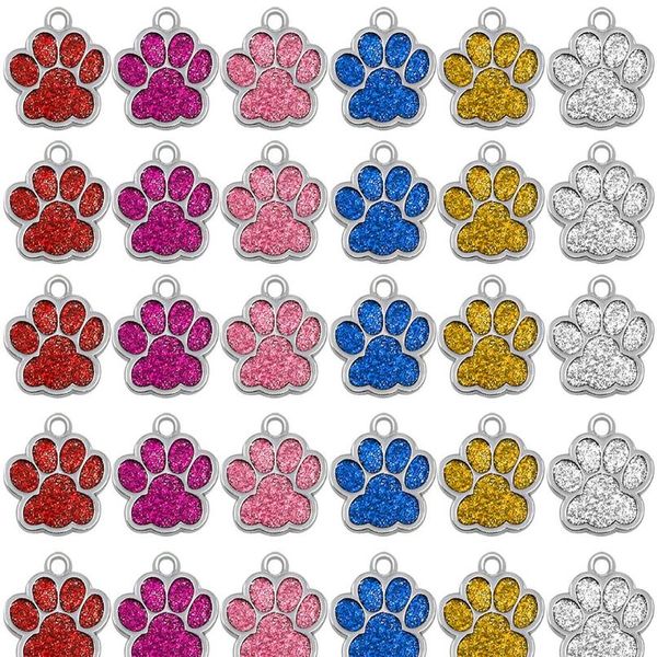 

wholesale 60pcs/lot glitter paw pet id tags stainless steel personalized puppy cat id tag for small dogs and cats qylxdz