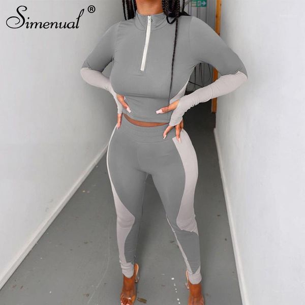 

simenual sporty casual and pants lounge sets active wear fitness patchwork long sleeve women zipper two piece outfits skinny1, Gray