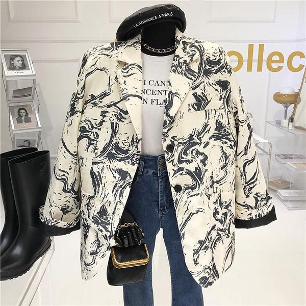 

novelty design ink pattern print long sleeve blazer jacket women niche design streetwear single-breasted pockets outerwear1, White;black
