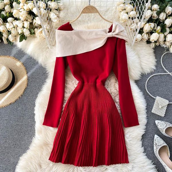 

super chic scarf collar unique patchwork knitted dress women ladylke pleated sweater dress, Black;gray