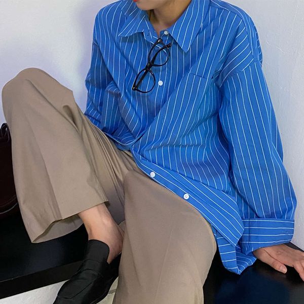 

daihe] 2021 spring new style temperament korean loose casual long sleeve versatile stripe thin shirt top, White