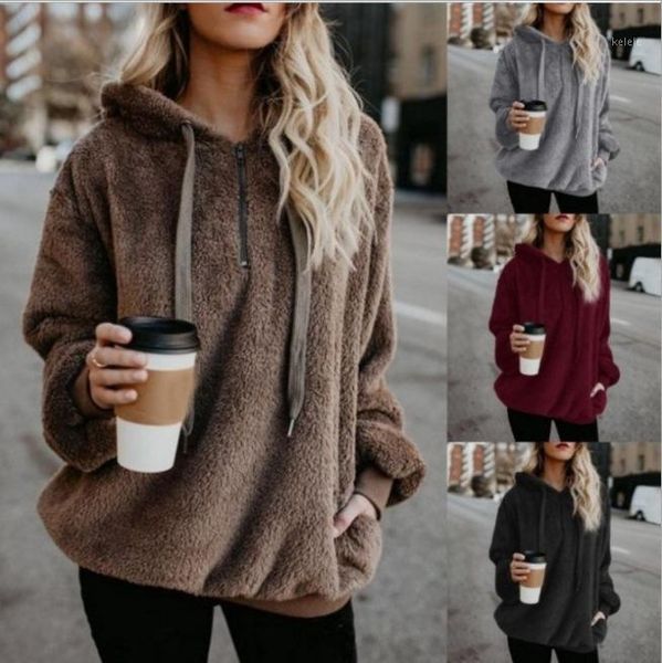 

womens fluffy sweatshirts hooded pullover with long sleeve pockets zipper collar oversize sherpa pullover hoodies coat outwear1, Black
