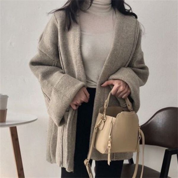 

[ewq] autumn ladies short woolen coat loose flared sleeves all-match bat sleeved cardigan solid coats ladies plus size qb366 201218, Black