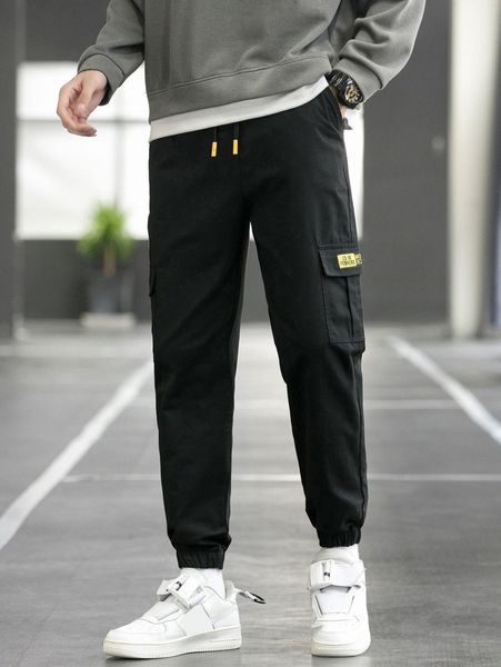 

men patched drawstring waist cargo pants h9en#, Black